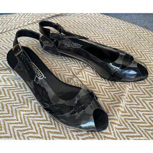 Vintage Women's Shoes Black Patent Clear Vinyl Wedge Peep Toe Ribbons USA 9.5N